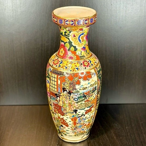 Vintage Other - Vintage Satsuma Moriage Reproduction Hand Painted Gold Gilt Trim Vase 9.5"